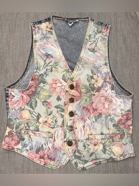Vintage Zena Floral Acid Wash Denim Blue Jean Vest Medium Womens Cottagecore 80s
